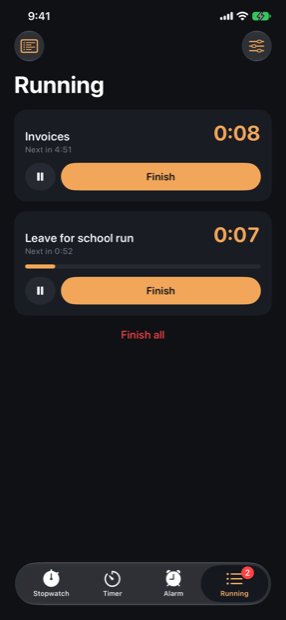 The Running tab with two concurrent sessions, each showing elapsed time and time until the next announcement