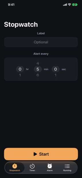 The Stopwatch tab, with a label field and an hours/minutes/seconds wheel for the alert interval