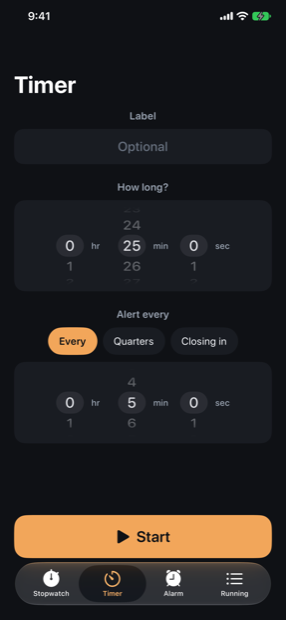 The Timer tab, showing a 25 minute length and a 5 minute alert interval